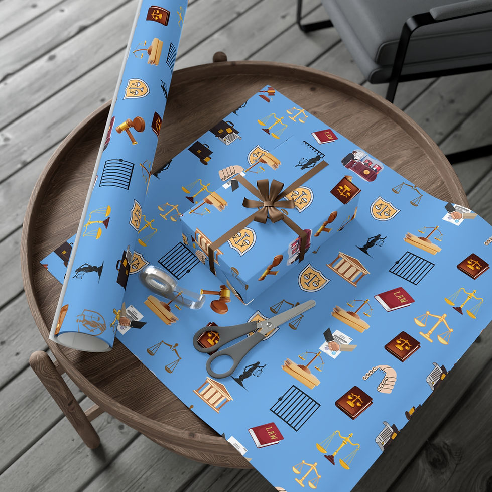 Thumbnail: Gift wrapping paper with law symbols and a wrapped present on a table