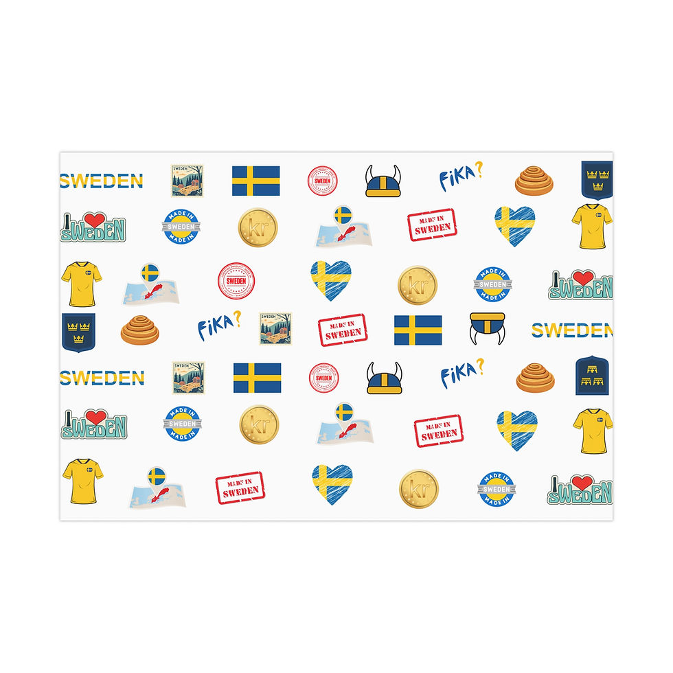 Thumbnail: Various Sweden themed stickers on a wrapping paper design, repeating patterns on white.