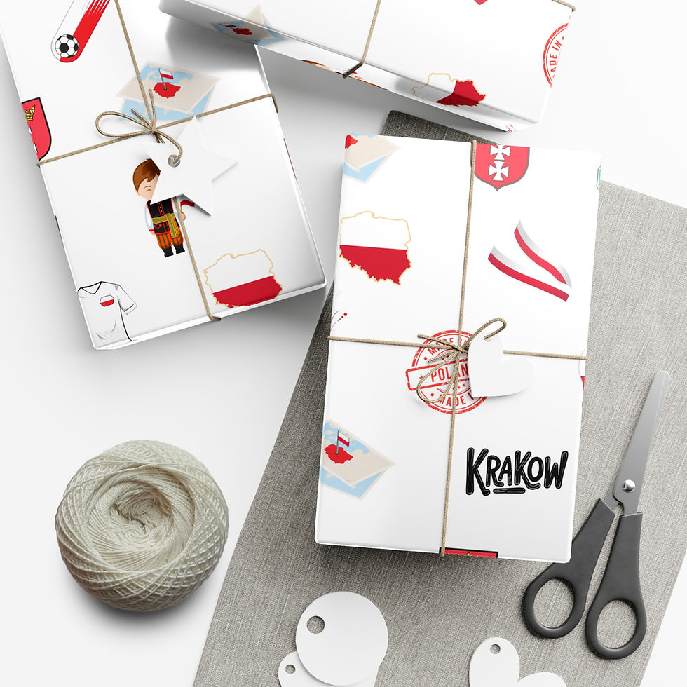 Thumbnail: Wrapped gifts with text Krakow, Polish flag, and soccer ball; gift wrapping paper.