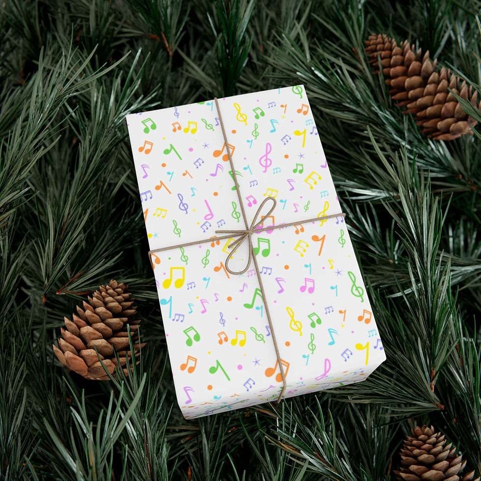 Thumbnail: Gift wrapped in Colorful Music Notes Gift Wrapping Paper, surrounded by pine cones.