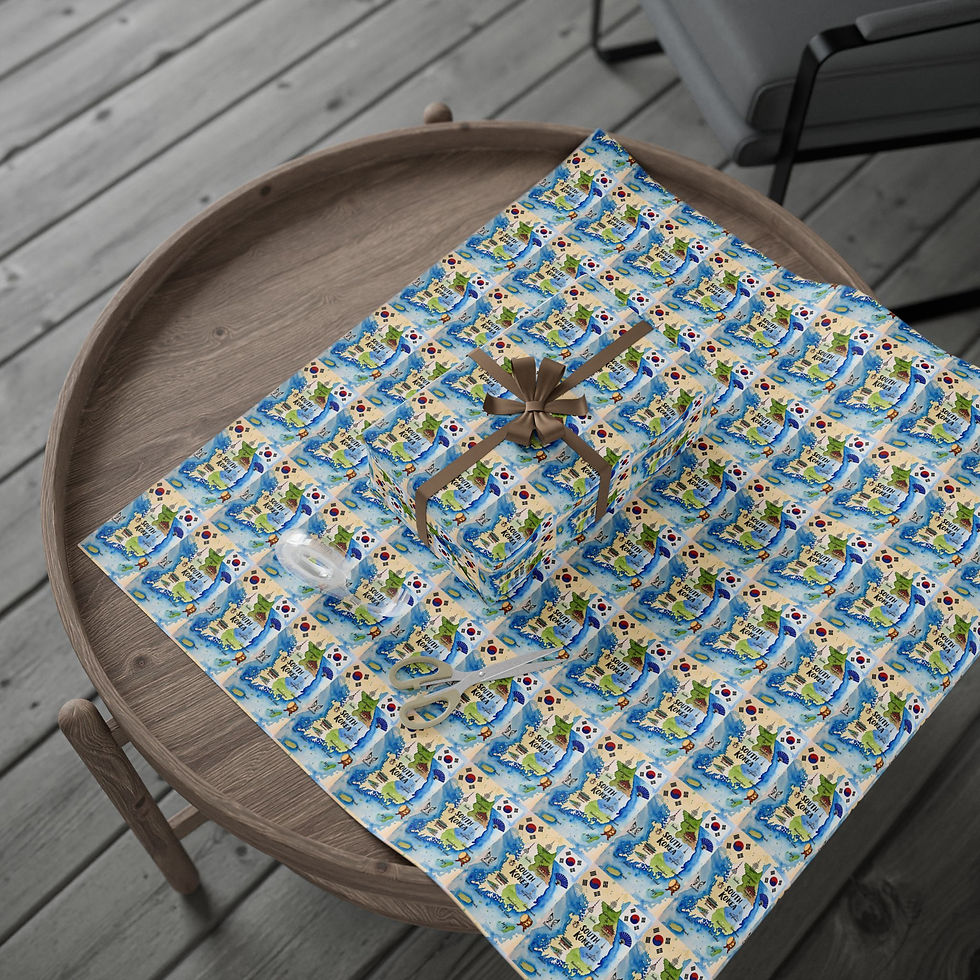 Thumbnail: Gift wrapped in blue patterned paper with brown ribbon on table.