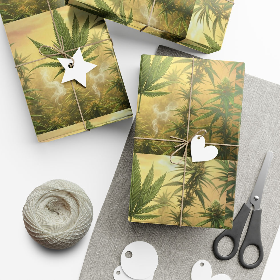 Thumbnail: Cannabis leaf gift wrap with twine bow, scissors, and white heart tags background