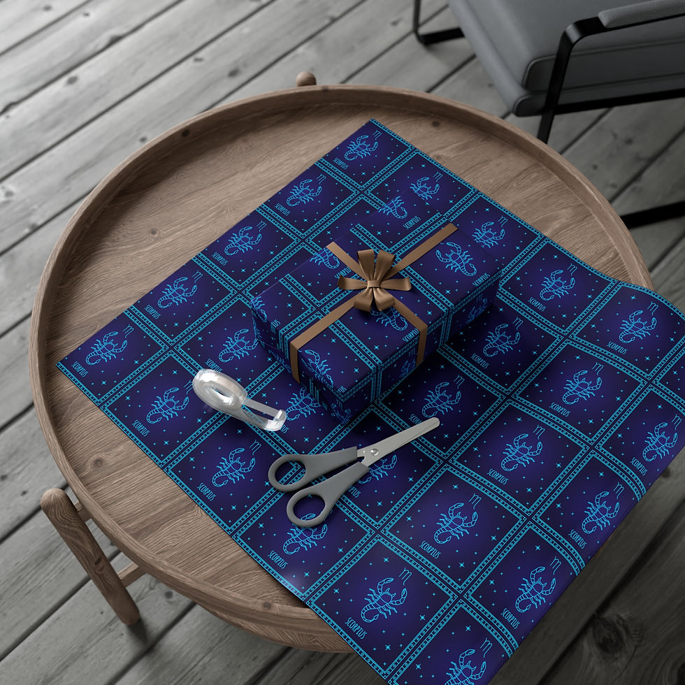 Thumbnail: Gift wrapped on blue pattern paper with scissors and bow on table