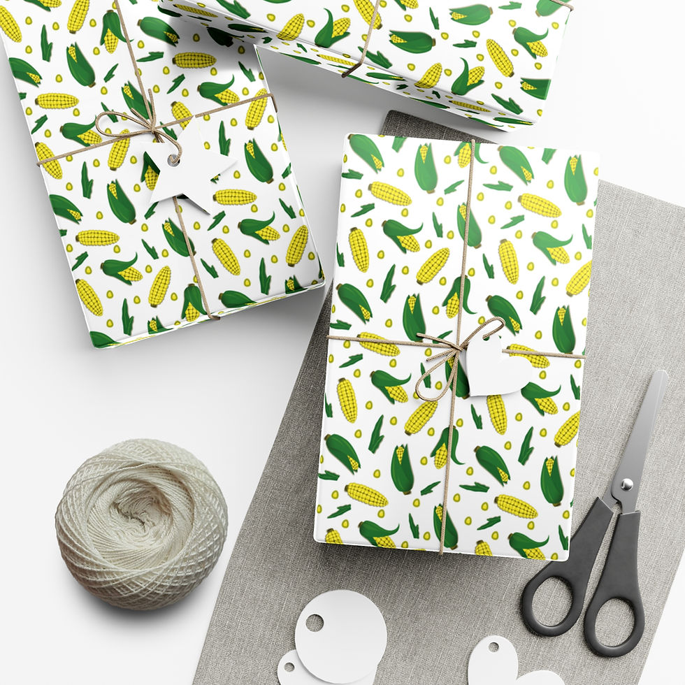 Thumbnail: Wrapped gifts with corn pattern, twine, scissors, and tags. Corn Lover Gift Wrapping Paper.
