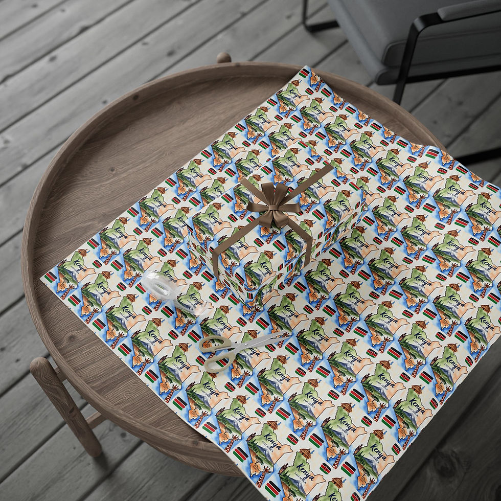Thumbnail: Gift box wrapped in repeating green bird pattern paper on wooden table.