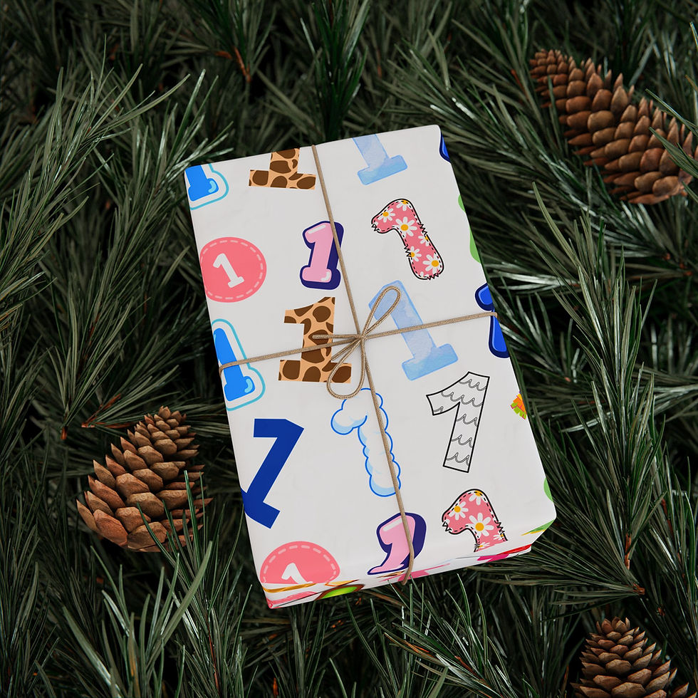 Thumbnail: One Year Gift Wrap with colorful number ones on pine needles.