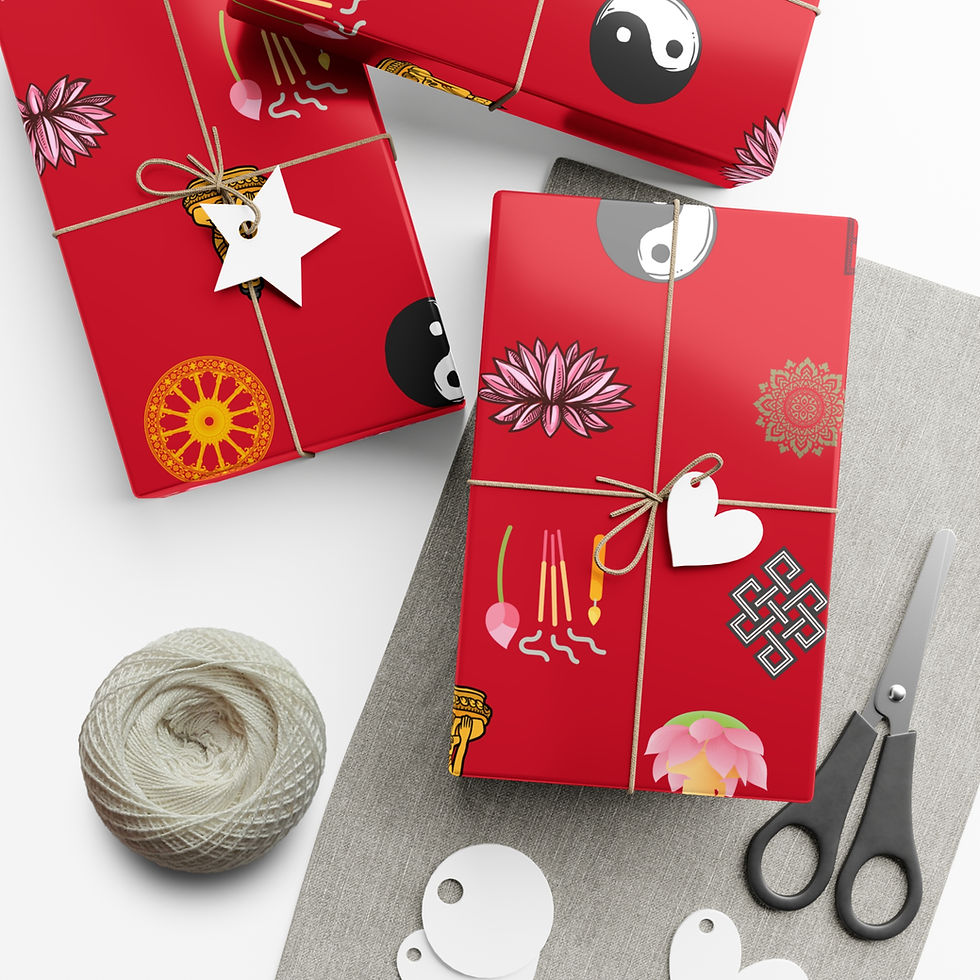Thumbnail: Red wrapped gifts with star, flower, Ying Yang symbols, scissors, twine. Extraterrestrial Alien Gift.