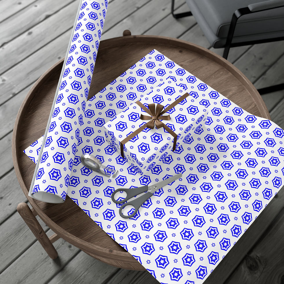 Thumbnail: Gift wrapped present with blue pattern on Michigan Inspired Gift Wrapping Paper and scissors.
