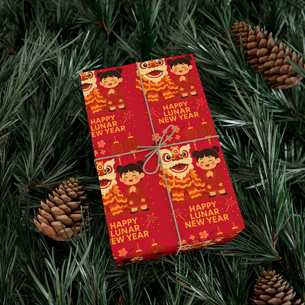 Thumbnail: Red wrapping paper with Happy Lunar New Year text, tied with twine.