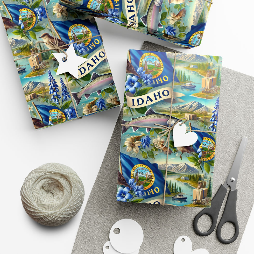 Thumbnail: Idaho gift wrapping paper with state flag and symbols with twine and scissors