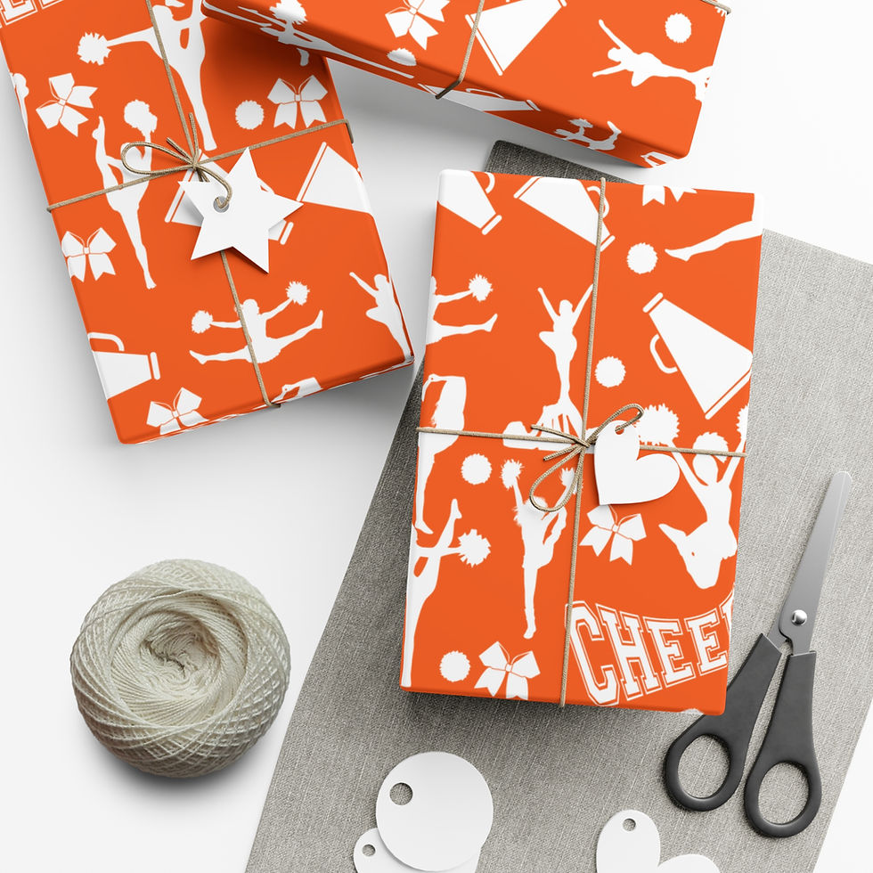 Thumbnail: Wrapped gifts with orange and white cheerleading theme, scissors and tags.
