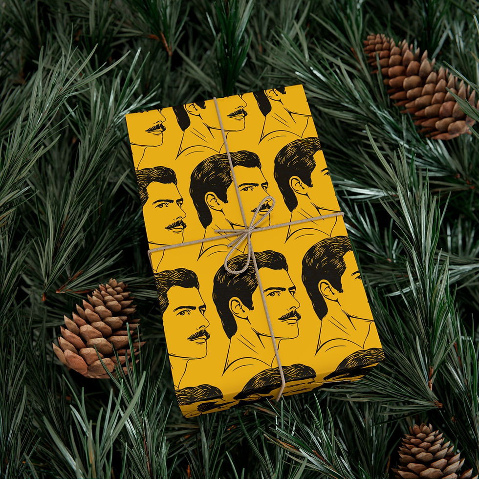 Thumbnail: Gift wrapped with Freddie Mercury pattern; green and brown background