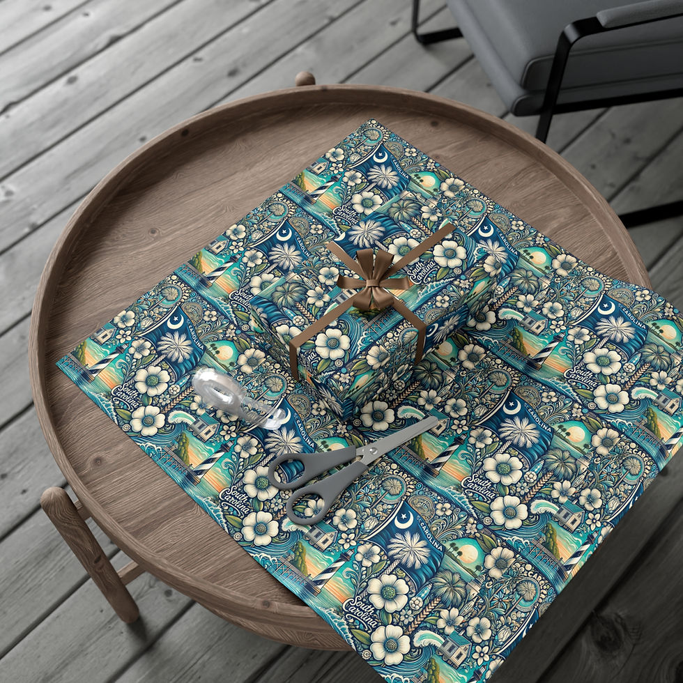 Thumbnail: Gift wrapped in blue floral paper with scissors on a wooden table.