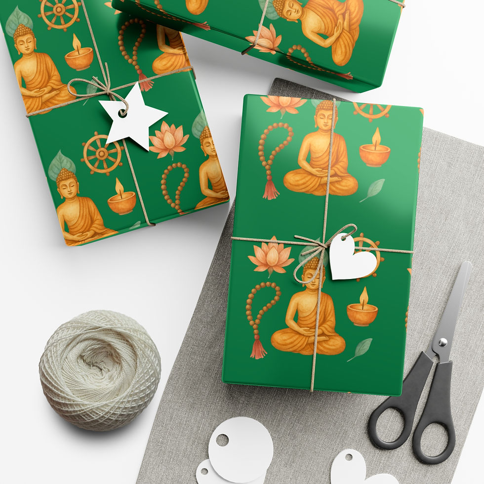 Thumbnail: Wrapped gifts with Hinduism-Inspired Gift Wrapping Paper | Colorful Deities, Mandalas and Lotus with scissors and twine