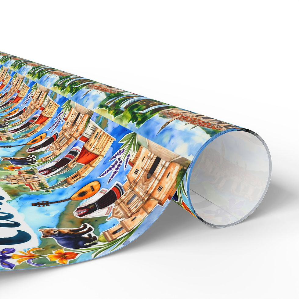 Thumbnail: Rolled gift wrap with watercolor illustrations; buildings, blue sky. Paquita gift wrap.