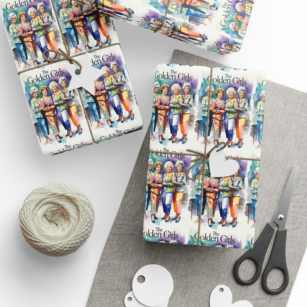 Thumbnail: Golden Girls gift wrap with Dorothy, Rose, Blanche, and Sophia; scissors and tags.