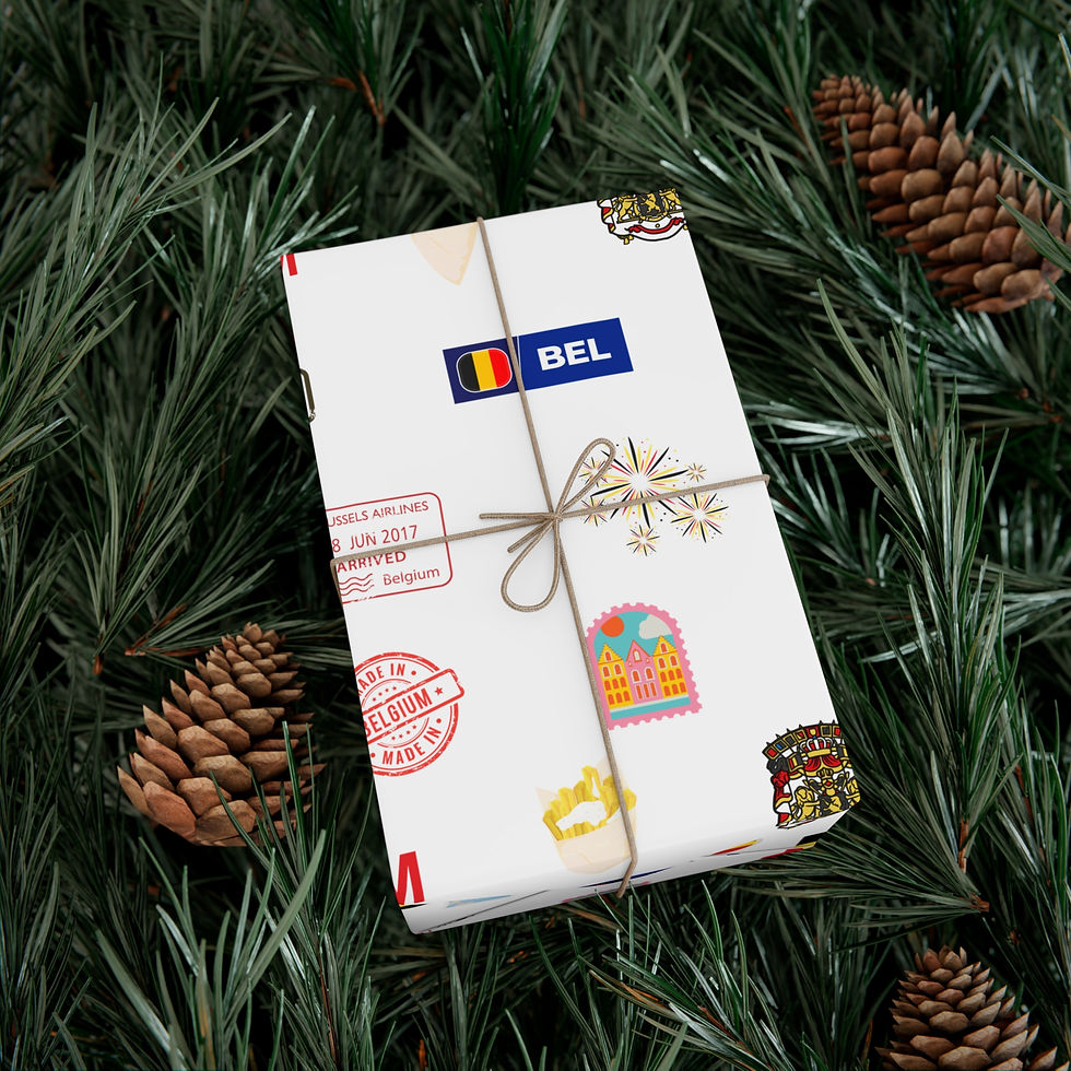 Thumbnail: Gift wrapped in paper with the word BEL and design on it.