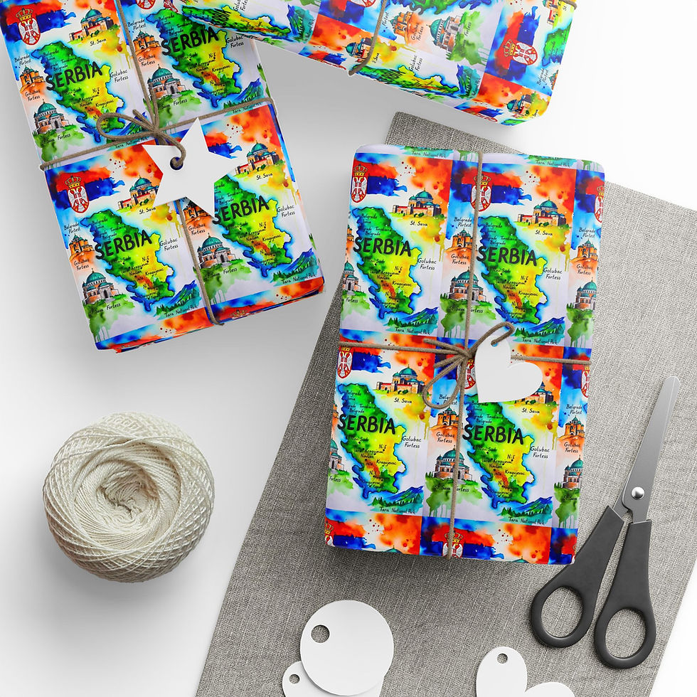 Thumbnail: Wrapped gifts in map-themed paper with 'SERBIA' text, twine, and scissors.