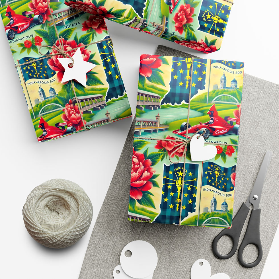Thumbnail: Wrapped gifts with Massachusetts Inspired Gift Wrapping Paper and decorative tags beside scissors and twine.