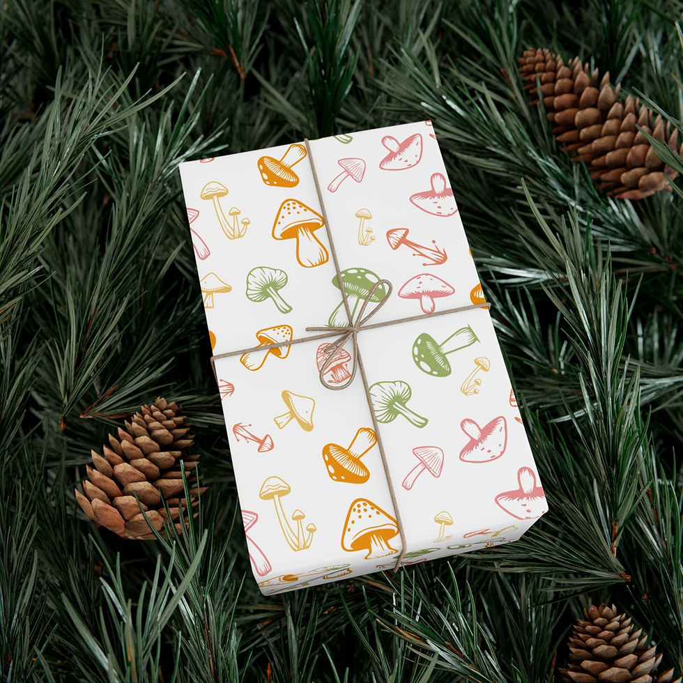 Thumbnail: Gift wrapped with mushroom pattern, twine, on green pine branches and pine cones.