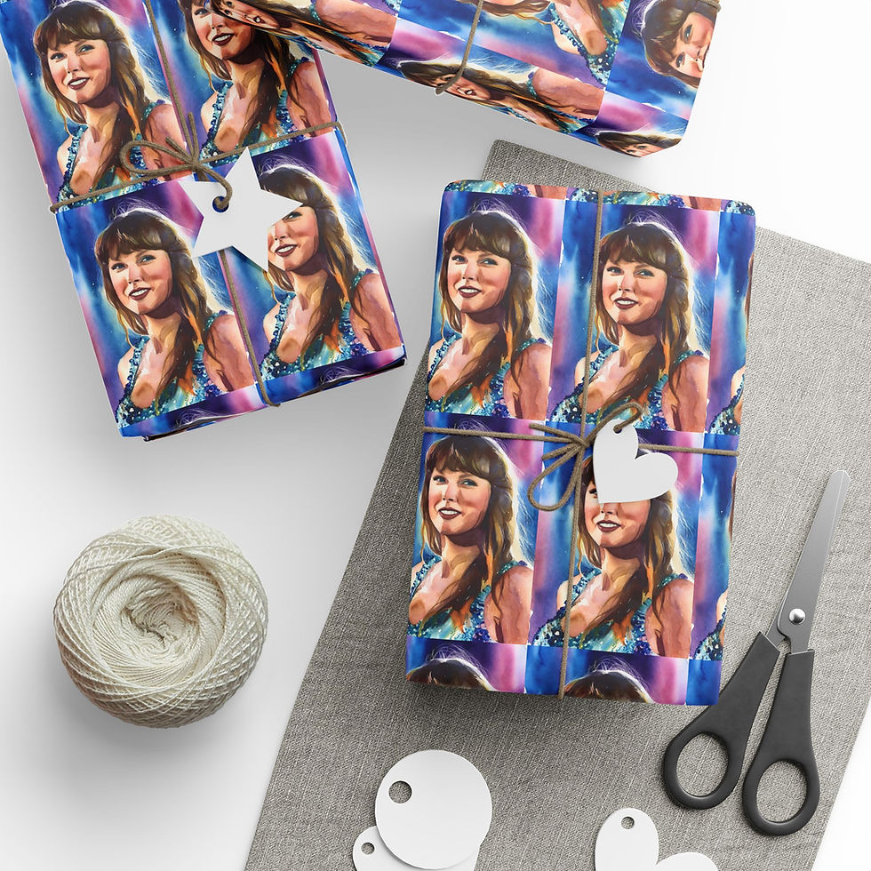 Thumbnail: Taylor Swift gift wrapping paper, star tag, scissors and string. Swiftie Obsession Gift Wrapping Paper.