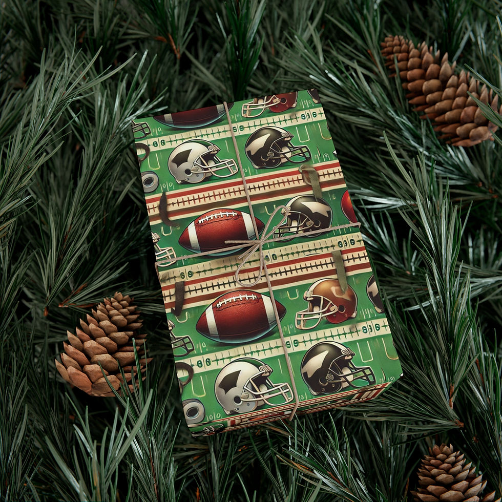 Thumbnail: Green football wrapping paper with helmets and footballs on pine needles background