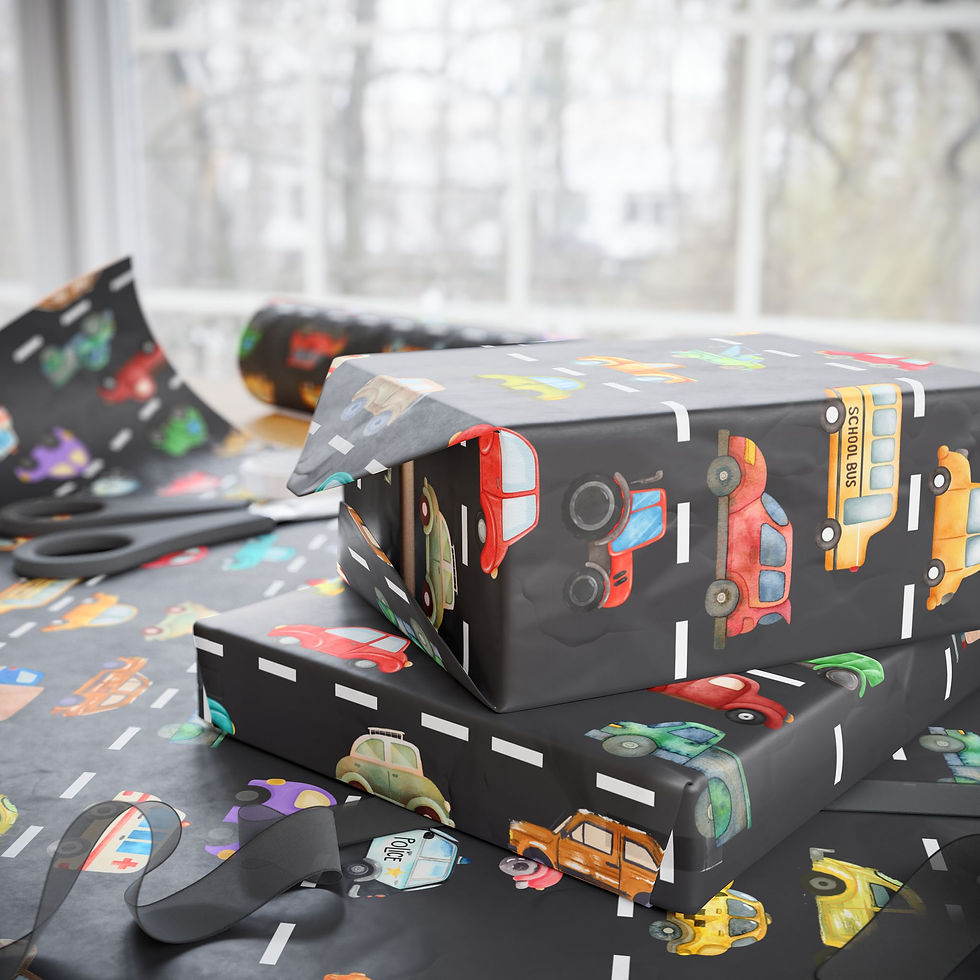 Thumbnail: Wrapped gift boxes using Cute Cars Gift Wrap with toy car patterns.