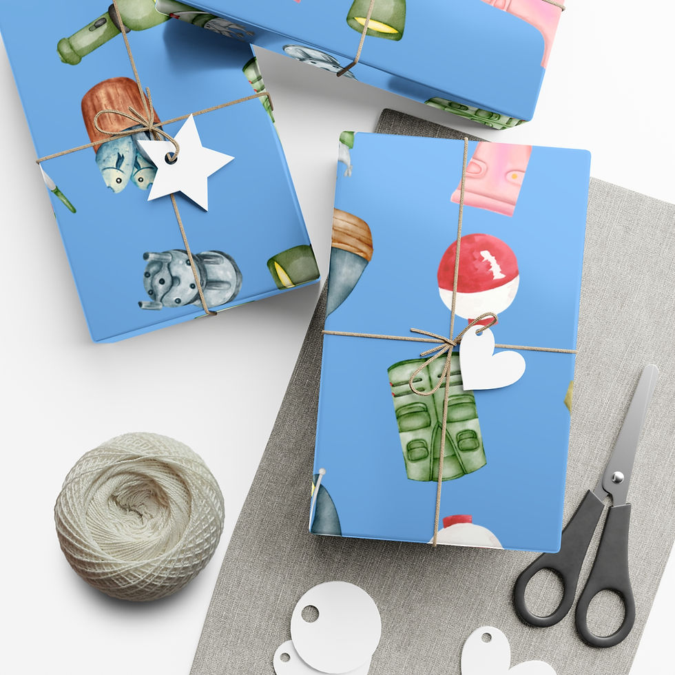 Thumbnail: Wrapped gifts on blue paper with illustrated items, scissors, and string