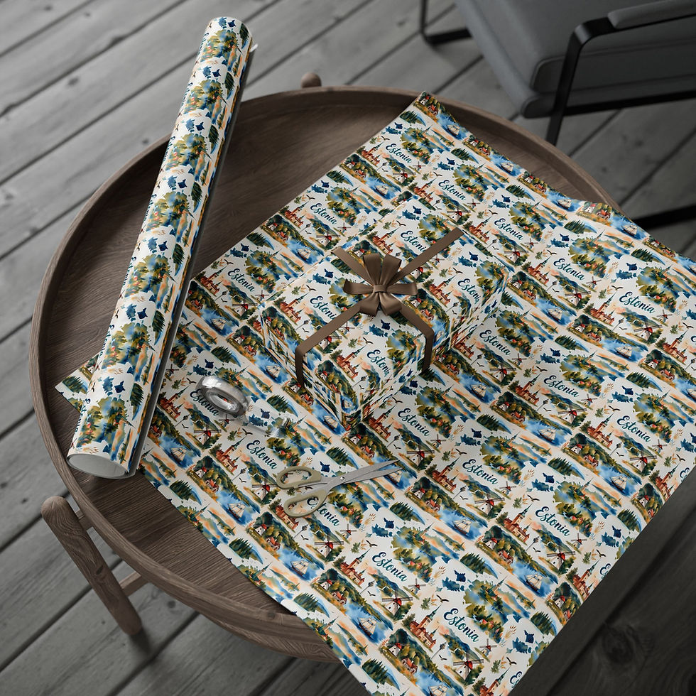 Thumbnail: Gift wrapped present on a table with unique patterned wrapping paper. El Salvador Gift Wrapping Paper.