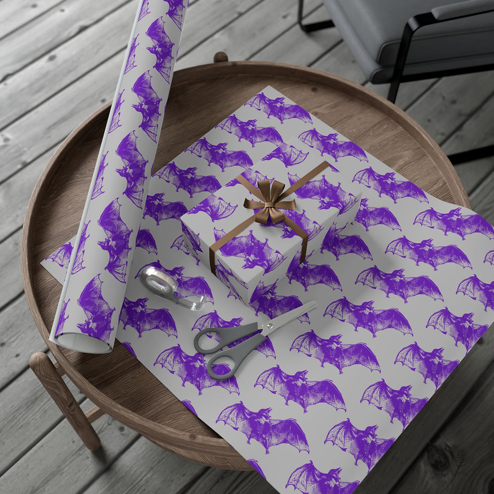 Thumbnail: Gift wrapped with purple bat pattern paper on table with scissors.