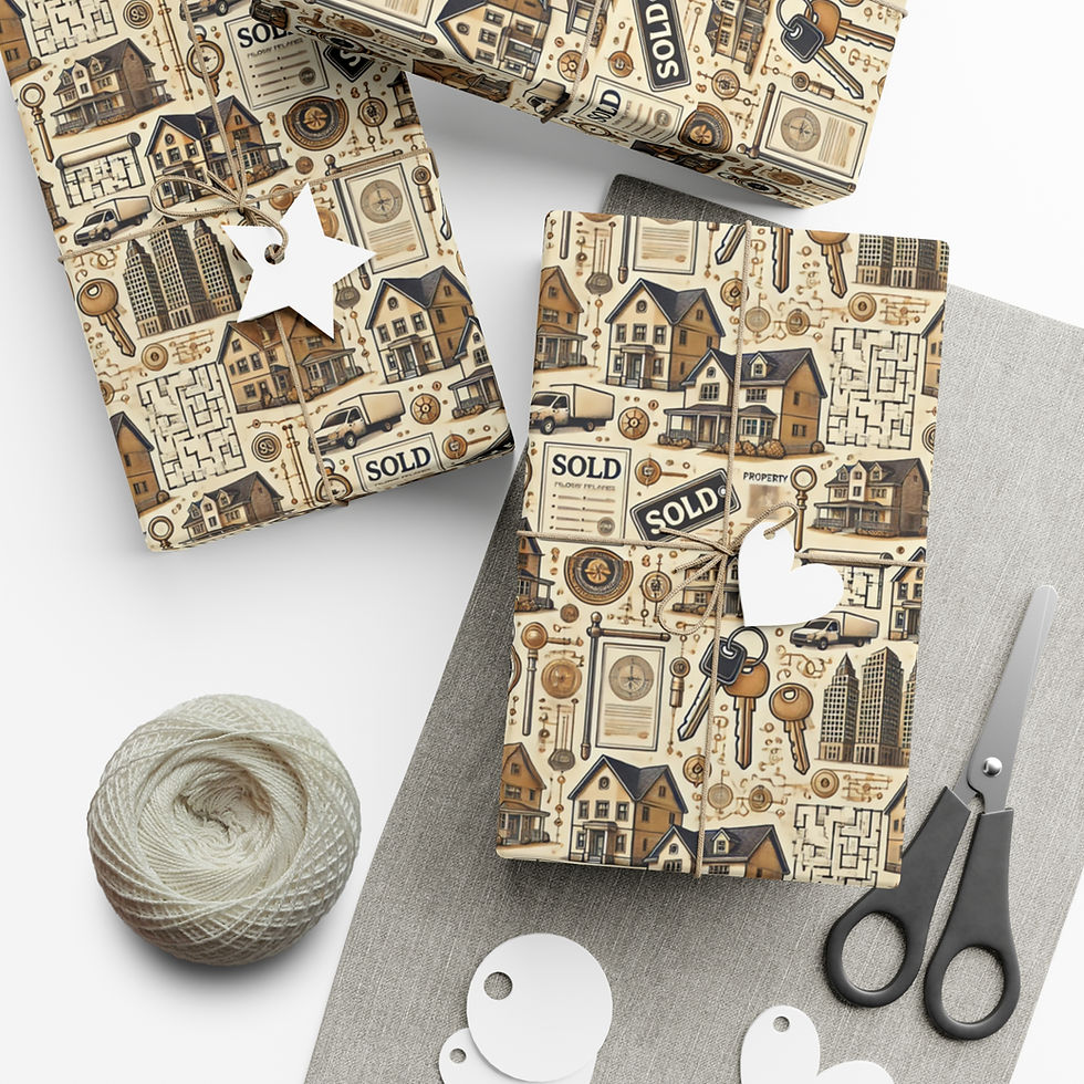 Thumbnail: Wrapped gifts with houses, keys, and sold signs; Cannabis Gift Wrap.