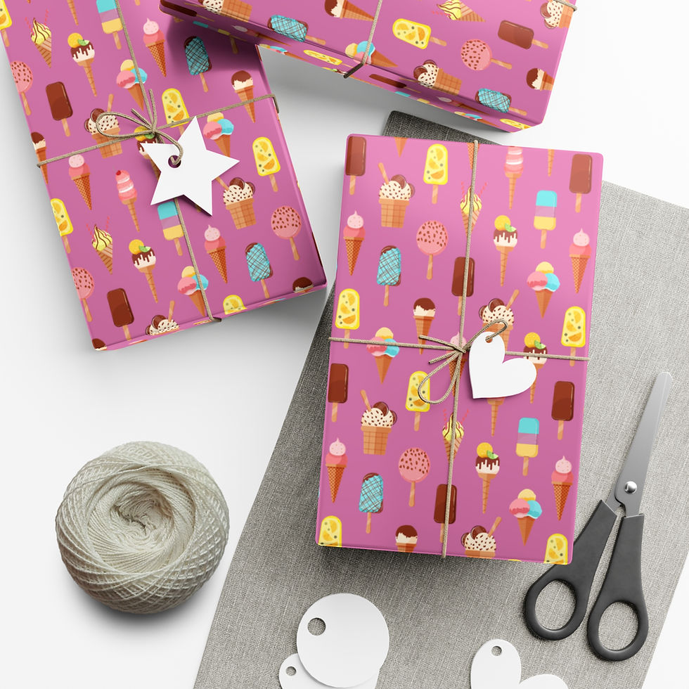 Thumbnail: Wrapped gifts with ice cream pattern, string, scissors, and decorative elements.