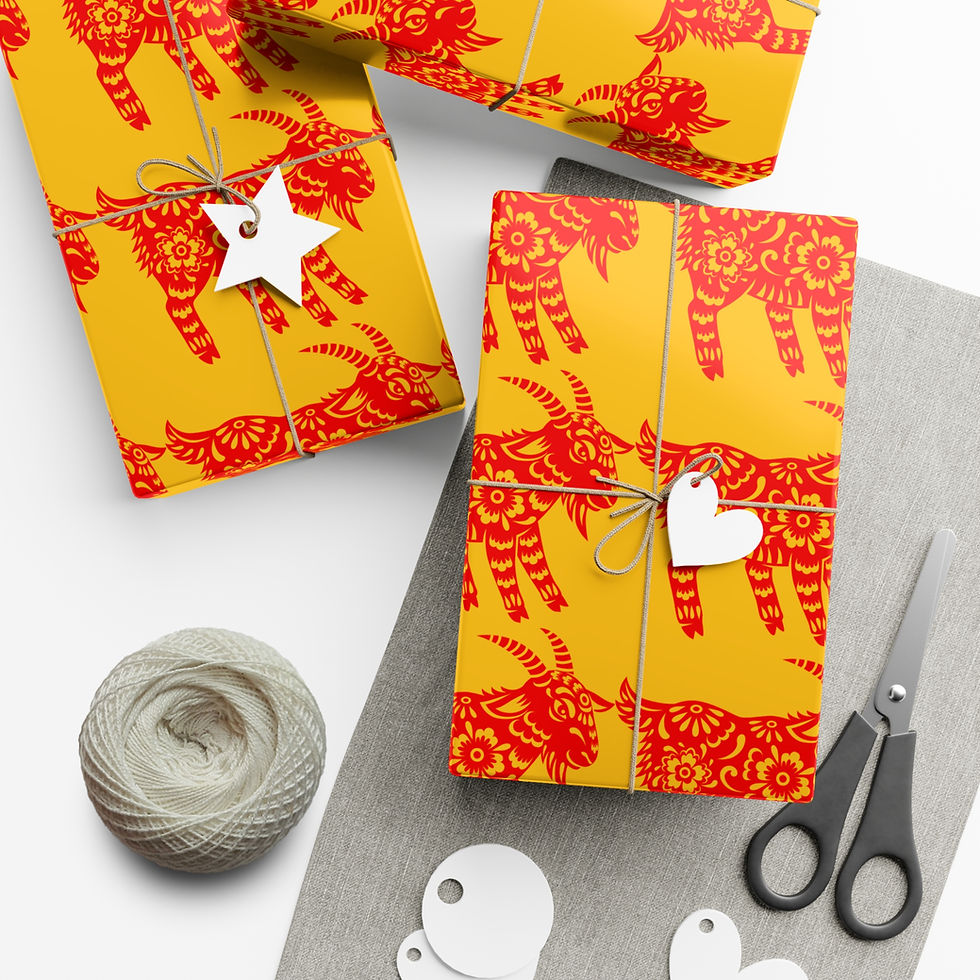 Thumbnail: Wrapped gifts on yellow paper with red goat design and white tags. Surf Lover Gift Wrapping Paper