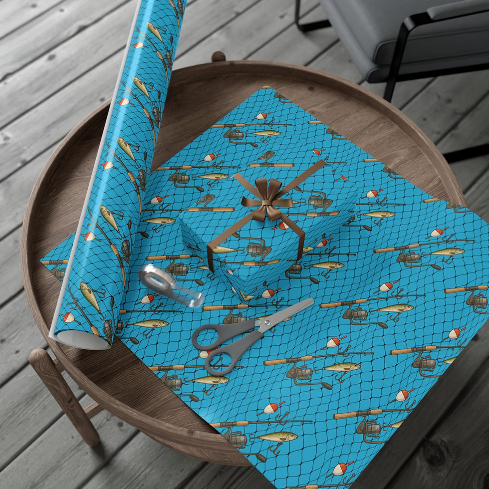 Thumbnail: Fishing rod pattern wrapping paper on wooden table with scissors for gift wrap.