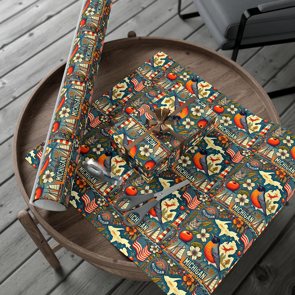 Thumbnail: Various Michigan Gift Wrapping Paper designs with scissors on a round table.