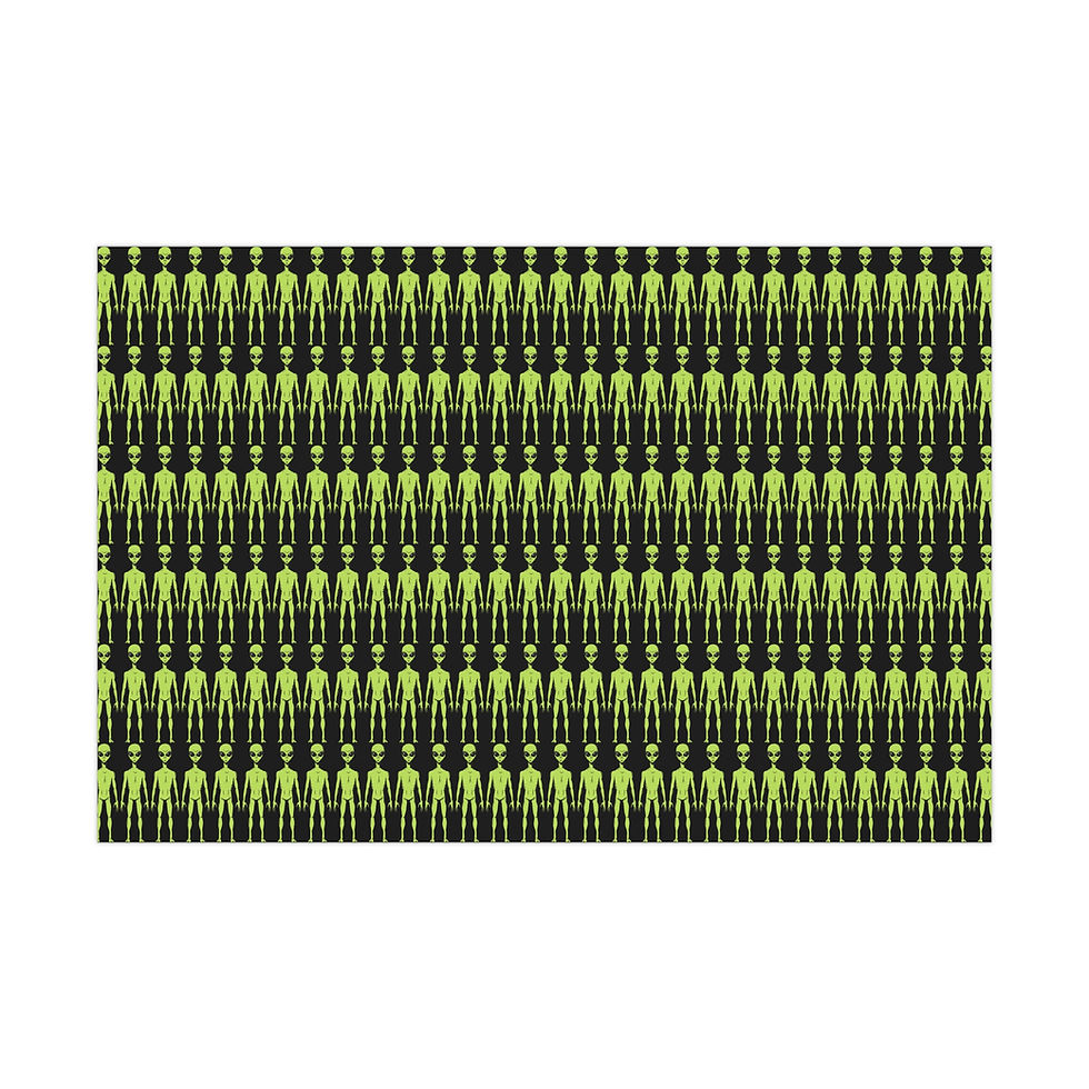 Thumbnail: Neon green creature pattern, extraterrestrial alien gift wrapping paper design on black background.