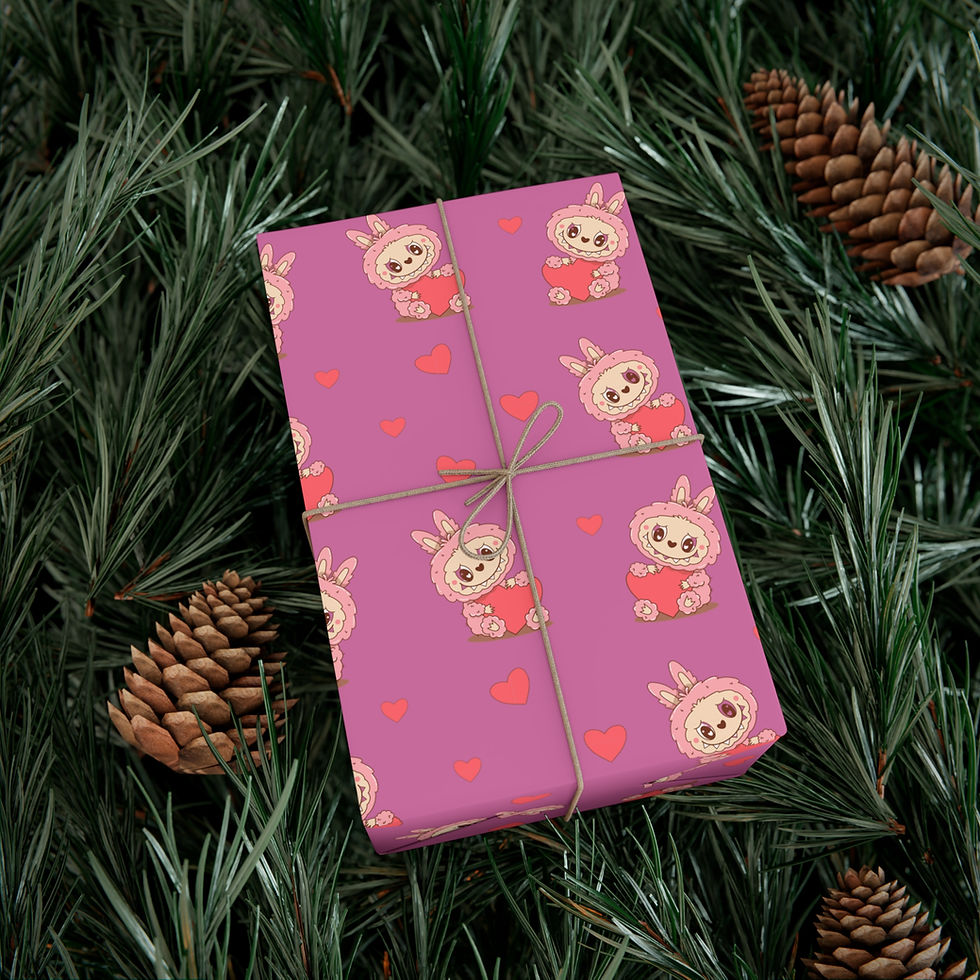 Thumbnail: Gift wrapped in pink bunny paper with hearts, tied, and pine cones.