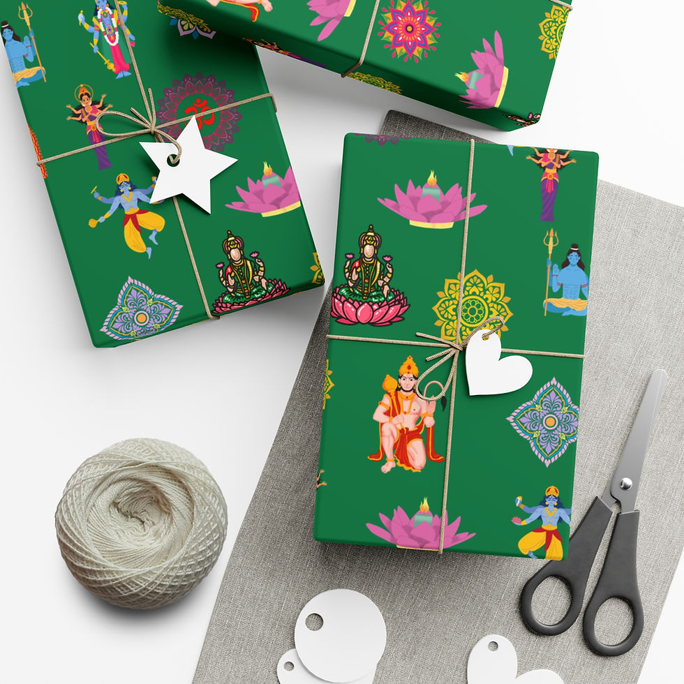 Thumbnail: Wrapped gifts with Hinduism-Inspired Gift Wrapping Paper | Colorful Deities, Mandalas and Lotus with green background