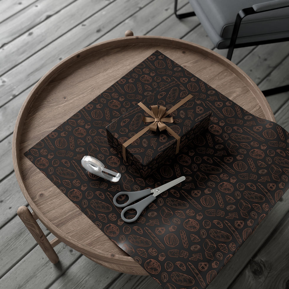 Thumbnail: Gift box wrapped in brown patterned paper with scissors and tape on table