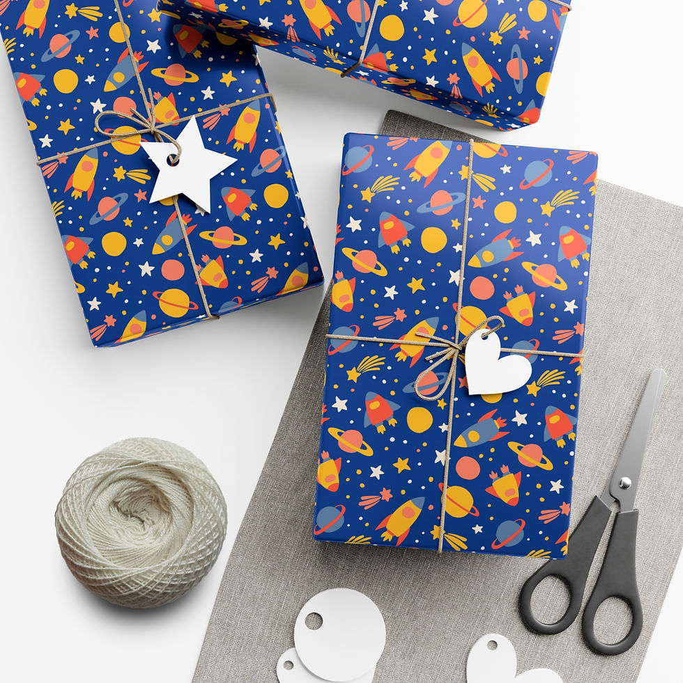 Thumbnail: Wrapped gifts with space-themed paper, scissors, tags, and twine on gray paper