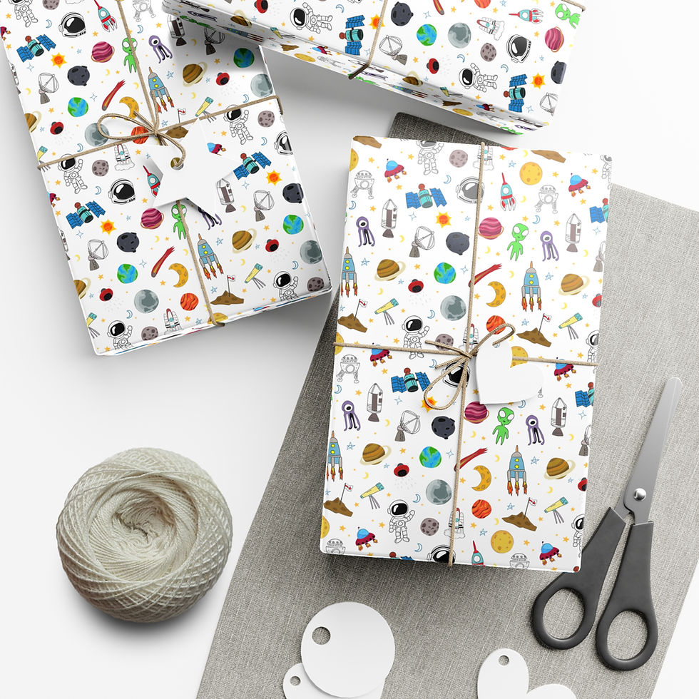 Thumbnail: Wrapped gifts with space-themed wrapping paper, twine, scissors and tags