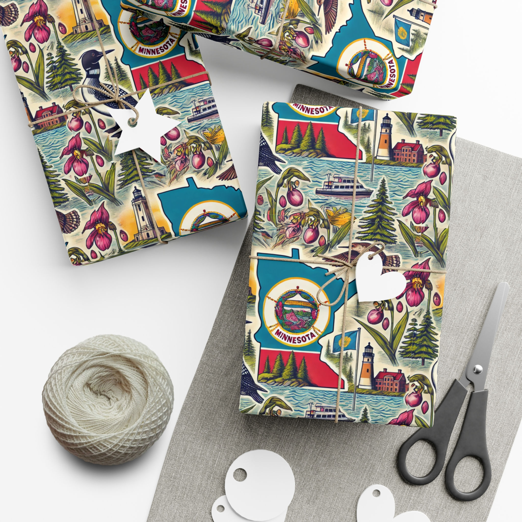 Wrapped gifts with Minnesota-themed wrapping paper, scissors, twine, and tags