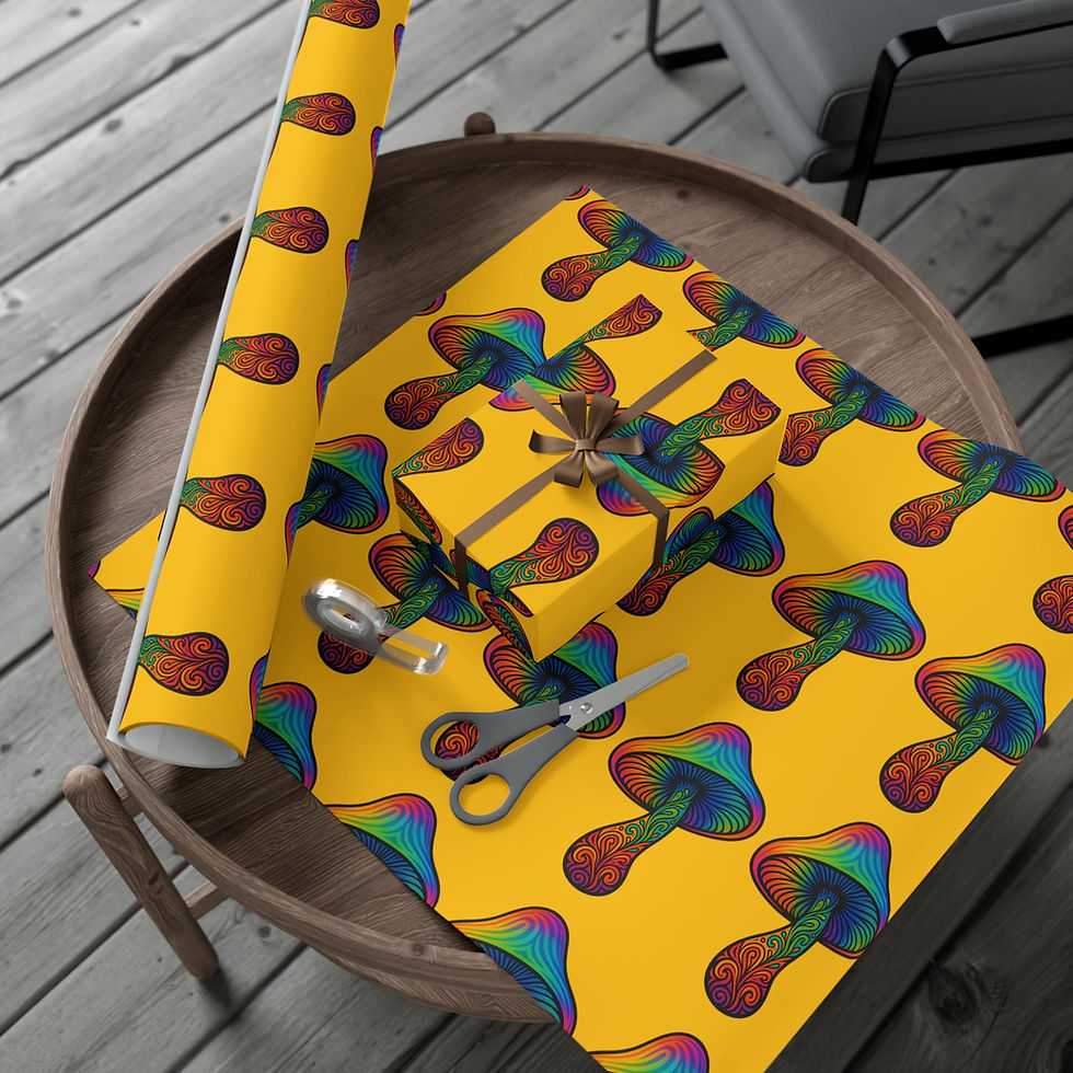 Thumbnail: Gift wrapped in psychedelic mushroom pattern wrapping paper with scissors on table.