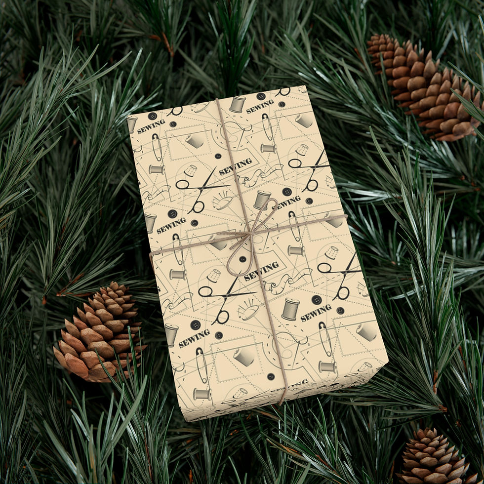 Thumbnail: Wrapped gift with sewing pattern and twine on a bed of pine needles and cones.