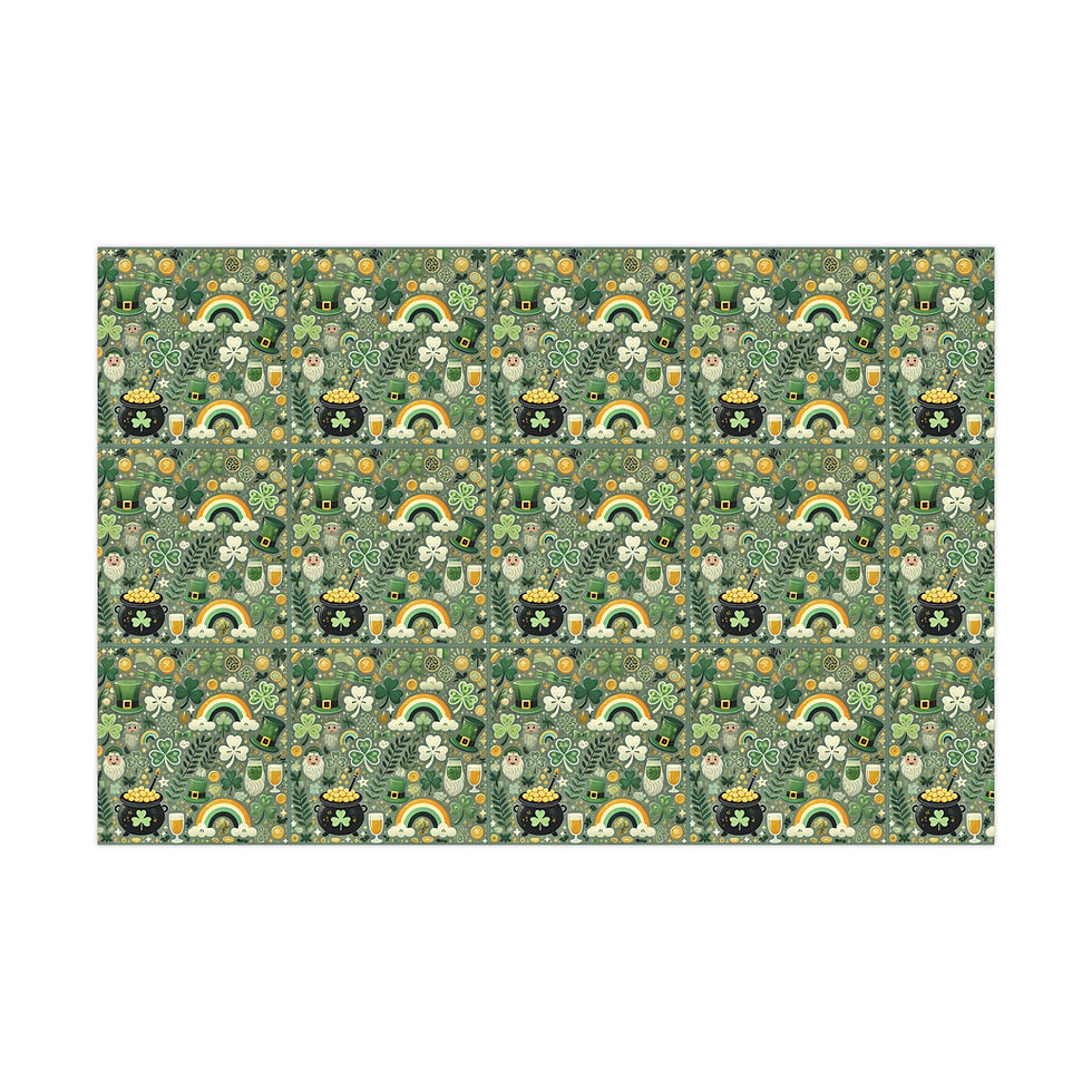 Thumbnail: Green wrapping paper with shamrocks, rainbows, and pots of gold. Irish Holiday