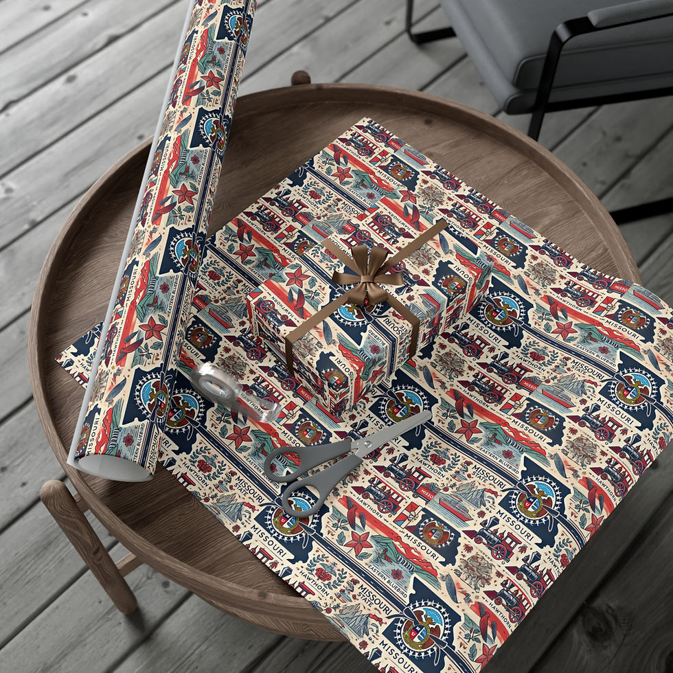 Thumbnail: Gift wrapping paper on a round table, Oregon Inspired Gift Wrapping Paper. Blue, red and tan design.