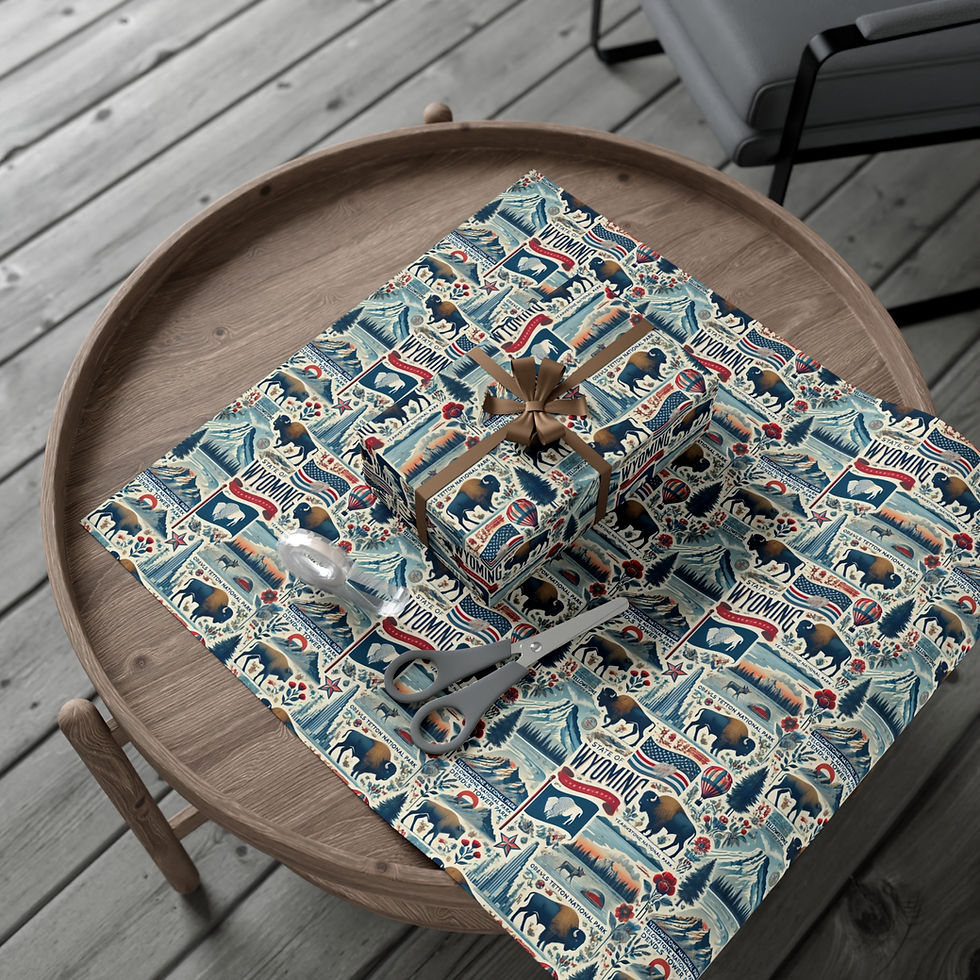 Thumbnail: Gift-wrapped present on patterned paper with spoon on wooden round table Taguara Americana