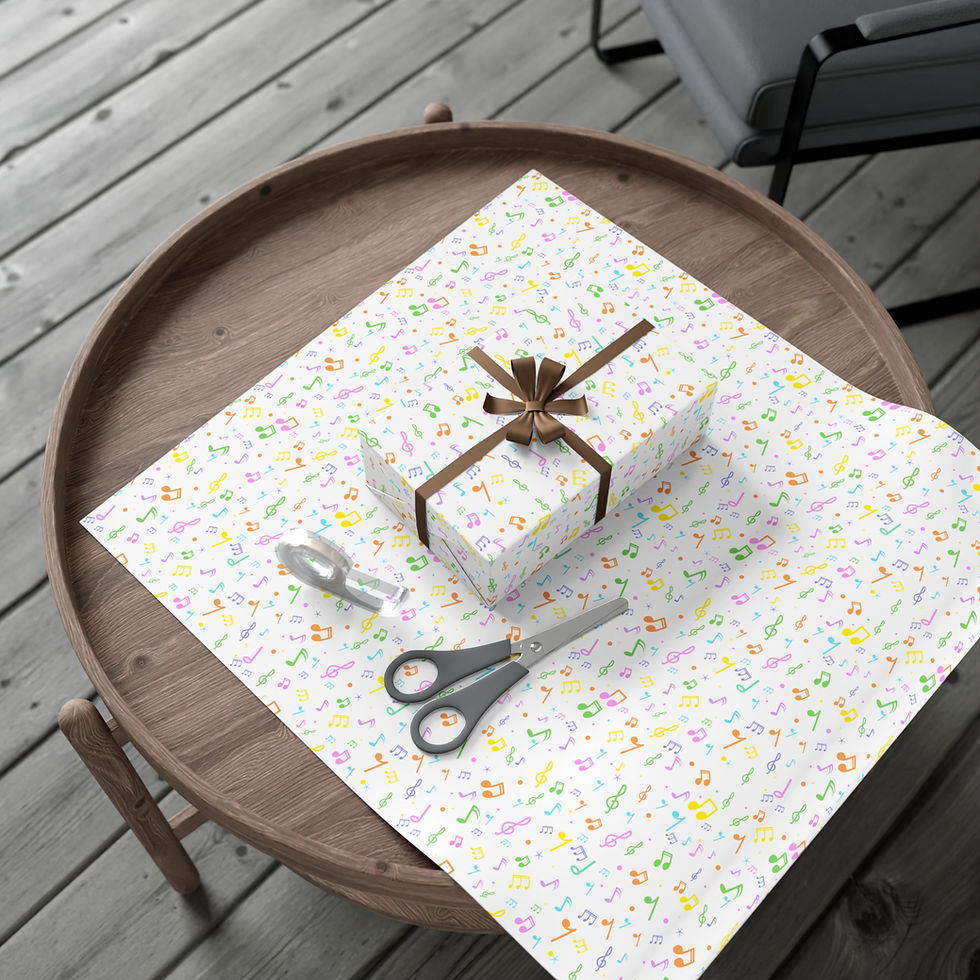 Thumbnail: Gift wrapped, Colorful Music Notes Gift Wrapping Paper, scissors on wooden table background