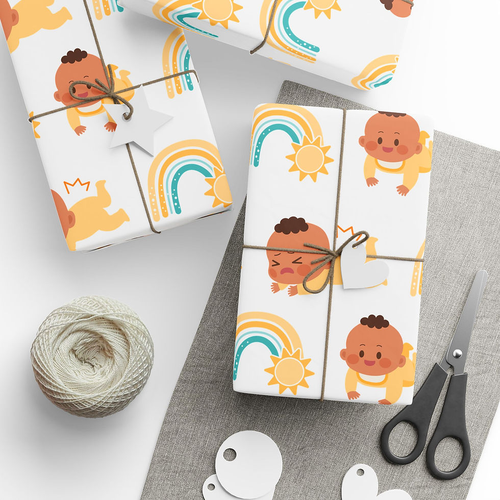 Thumbnail: Brown baby boy gift wrap with rainbows and suns