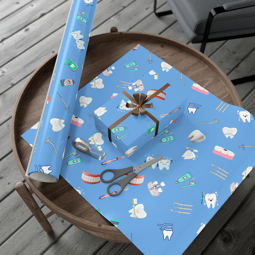 Thumbnail: Dental-themed gift wrap with scissors on a wooden table. Vermont Gift Wrapping Paper.